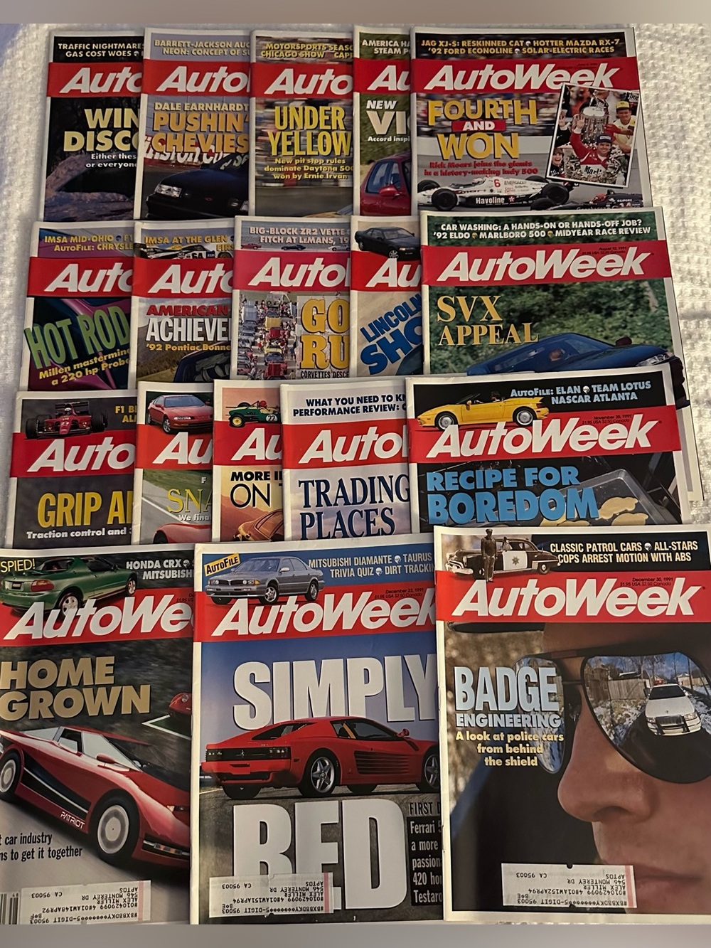 1991 Vintage Lot 18 Autoweek Magazines Ferrari NASCAR Corvette Viper SVX Acura
